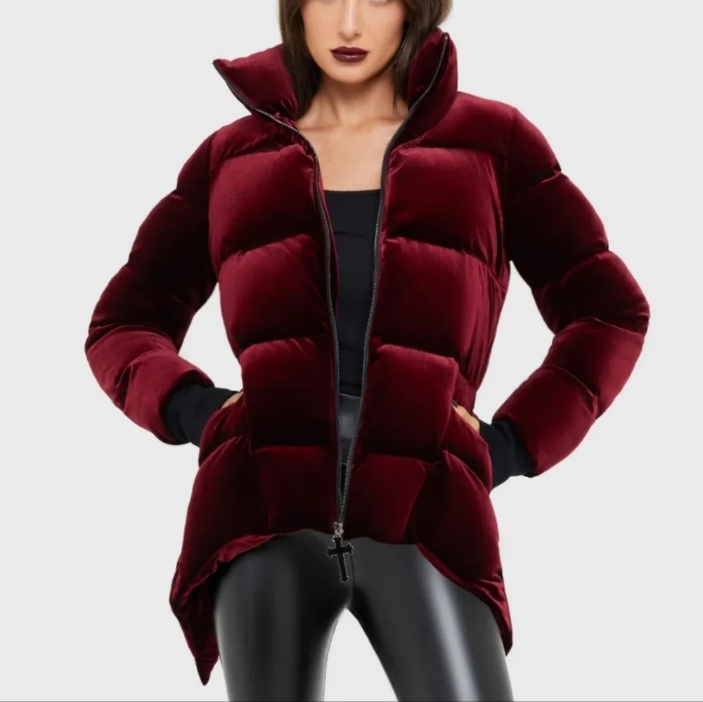 Killstar Dark Red Velvet Puffer Jacket - Picture 2 of 8